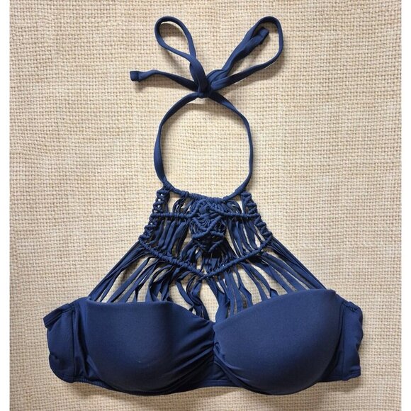 Ambrielle Ladies Blue Bikini Top Size D Macramé Style Halter Built in Bra - Picture 5 of 9